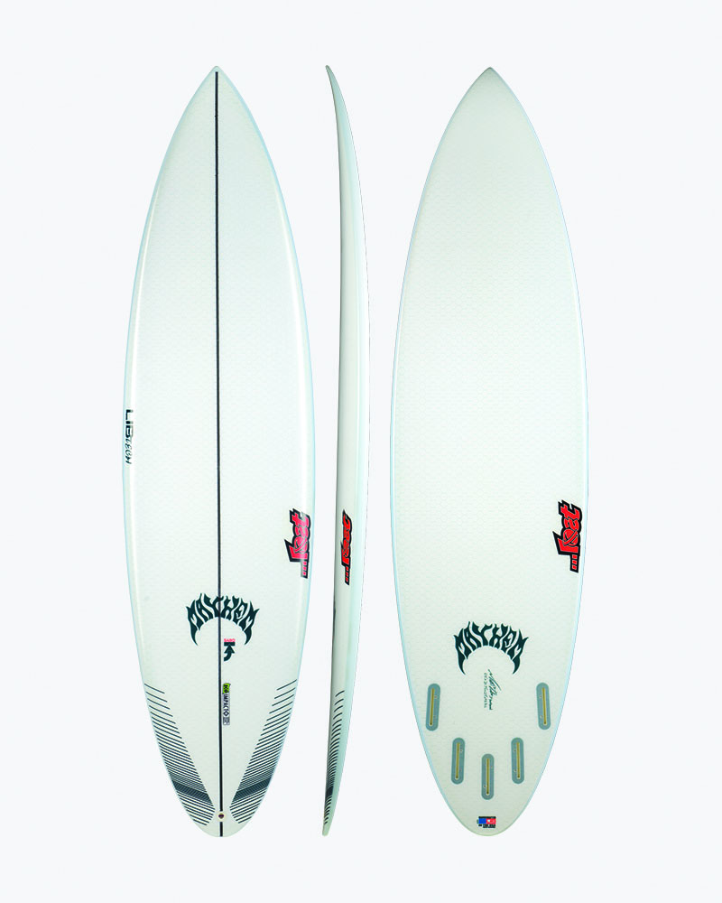 Surfboard displayed from multiple angles, featuring a sleek design.