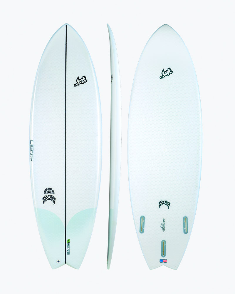 Three views of a white surfboard with black detailing.
