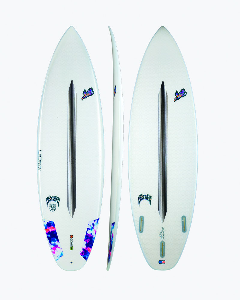 Surfboard with colorful design and multiple fins.
