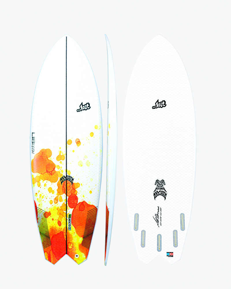 Surfboard with orange and yellow splatter design, white base.