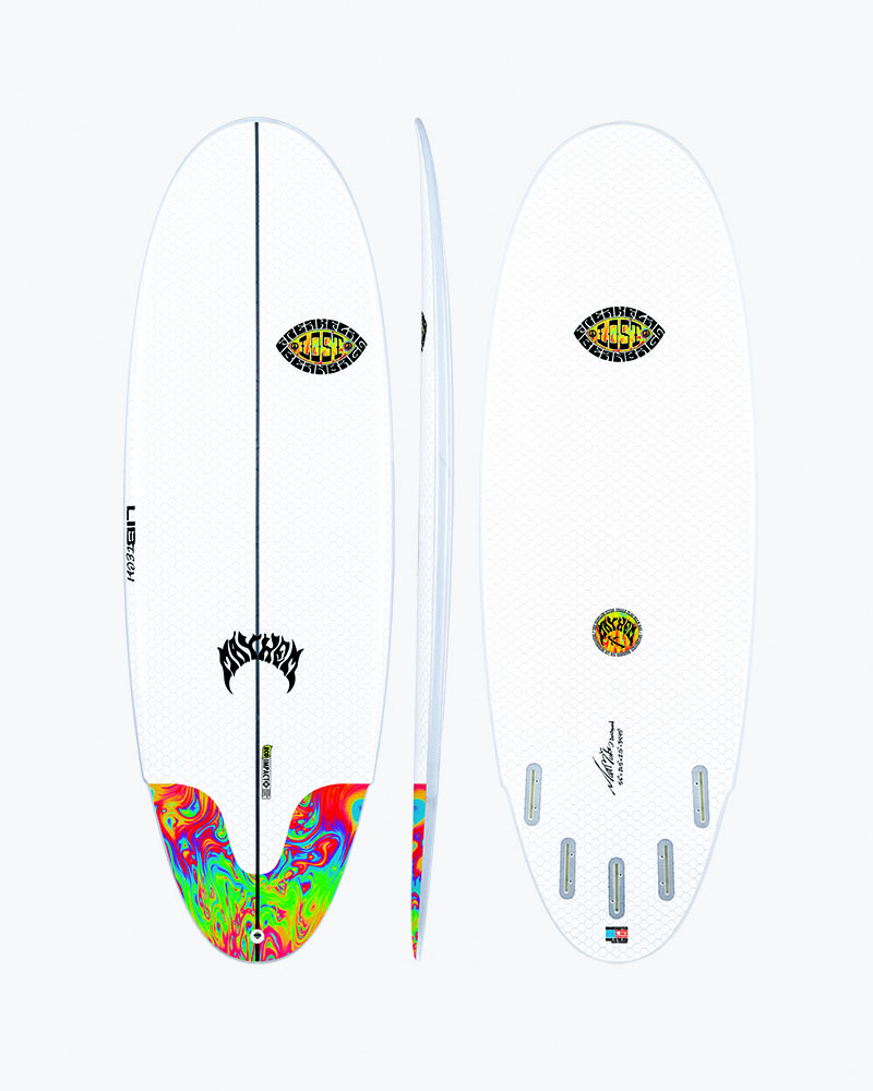 Surfboard with colorful design and logos on both sides.