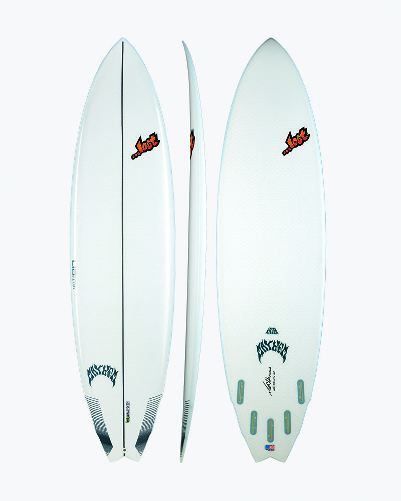 Surfboard design featuring a white finish and logos.