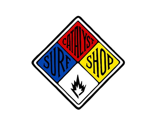 Colorful logo for Catalyst Surf Shop in a diamond shape.