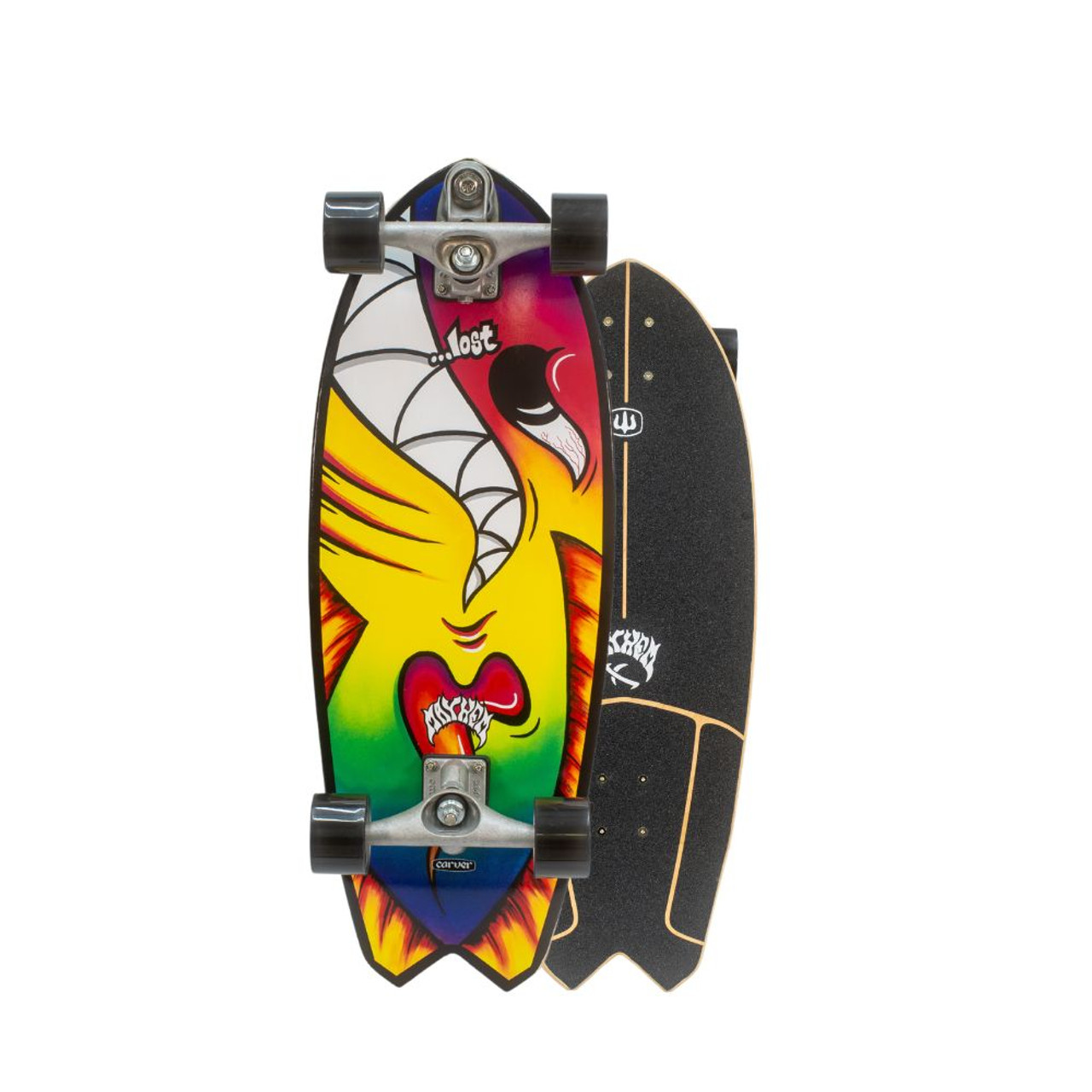 Colorful skateboard with a graphic design and black grip tape.