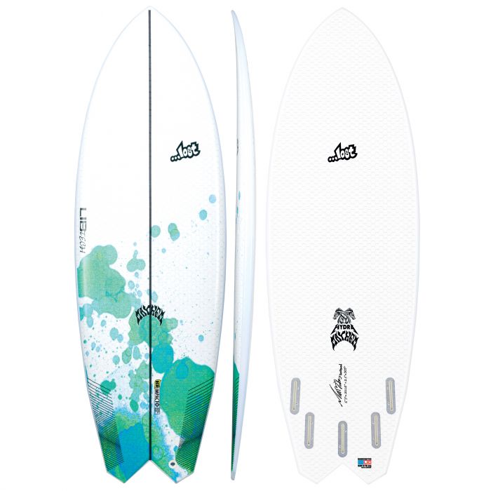 Teal and white surfboard with abstract design and logos.