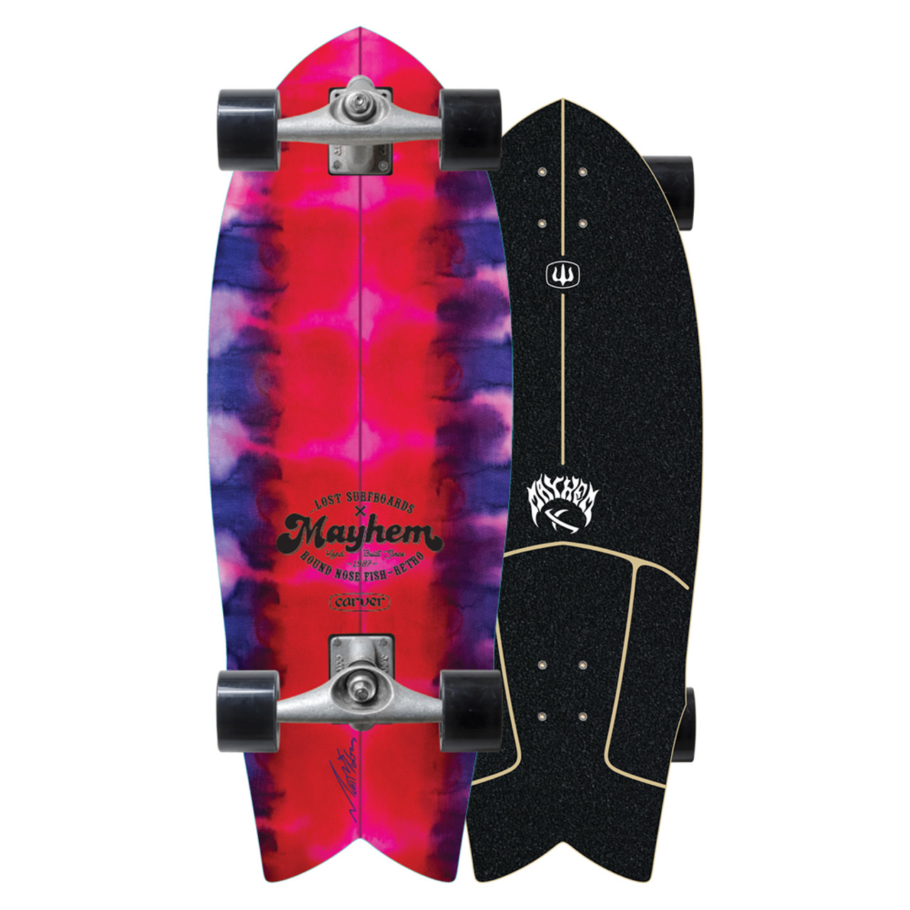 Colorful skateboard featuring a tie-dye design and black grip tape.