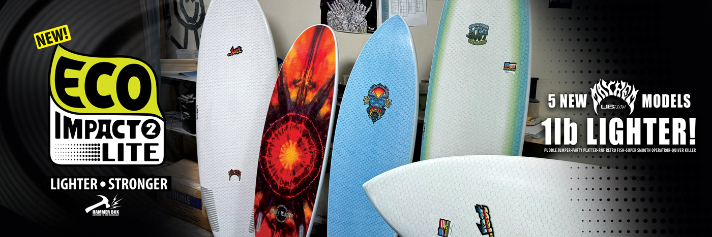 Five colorful surfboards displayed with promotional text for ECO IMPACT 2 LITE.