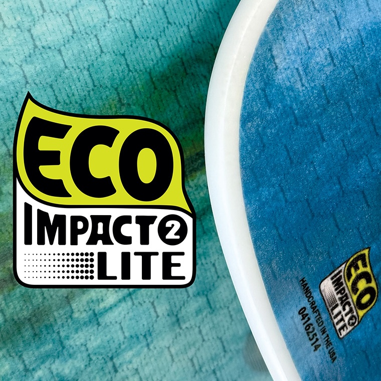 Eco Impact Lite logo on a surfboard background.