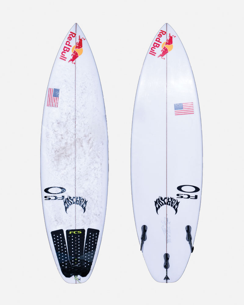 Two surfboards with Red Bull logos and American flags.