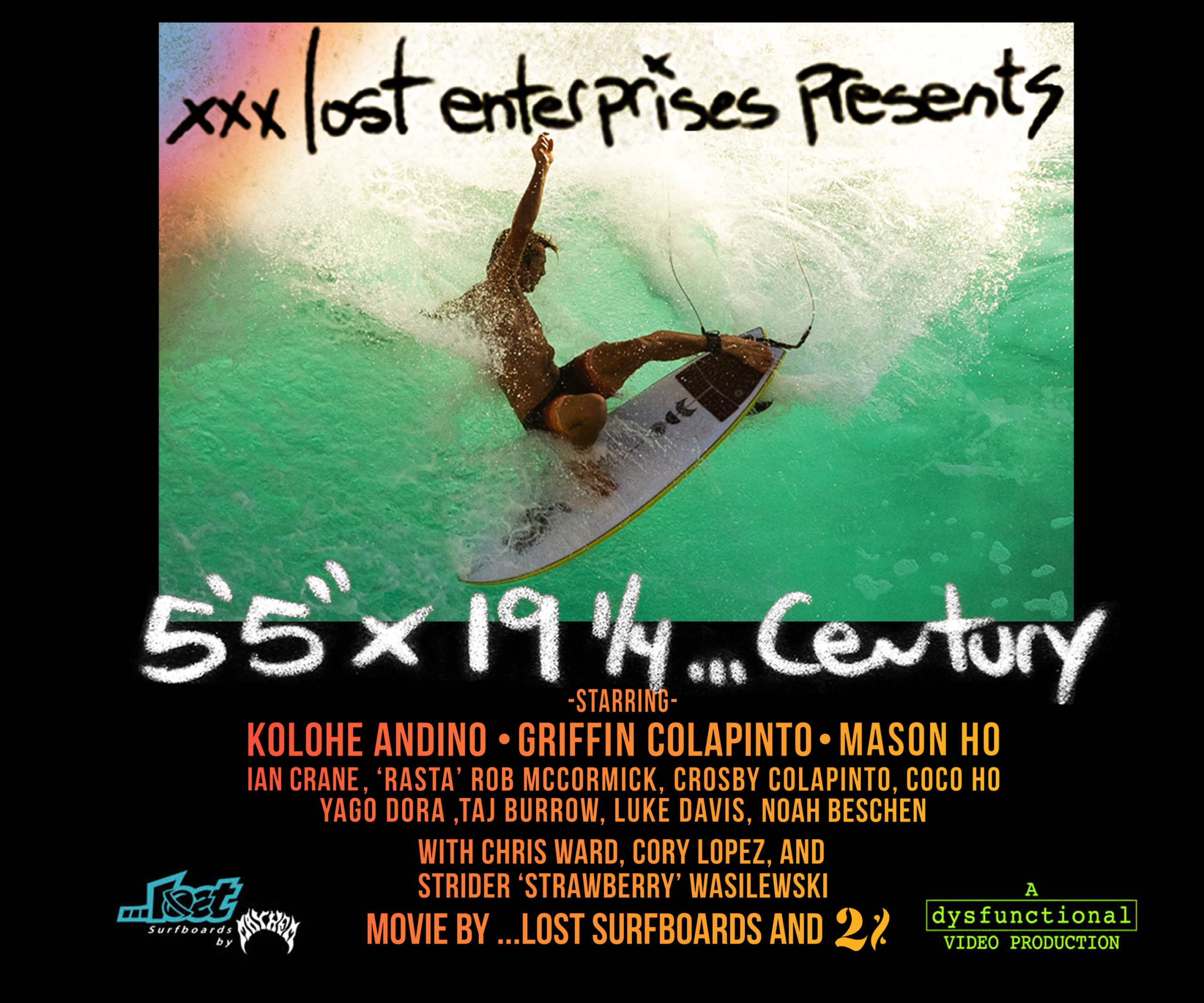 Surfer performing a maneuver on a wave, promotional poster.