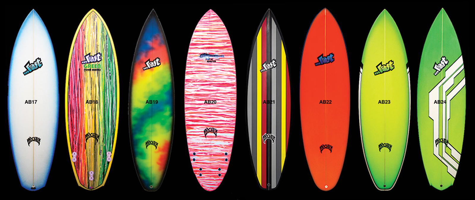 Eight colorful surfboards displayed against a black background.