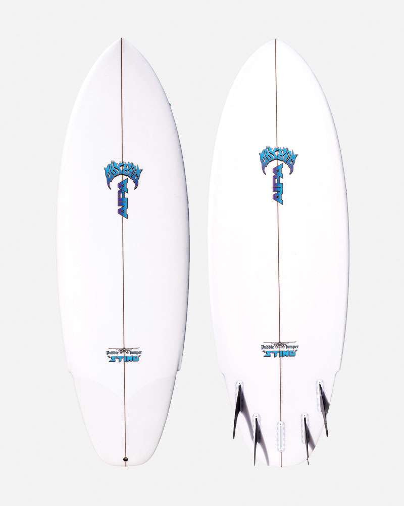 Two surfboards with white designs and colorful logos.