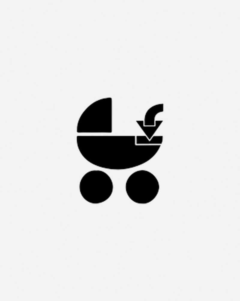 Black silhouette of a baby buggy logo on a white background.