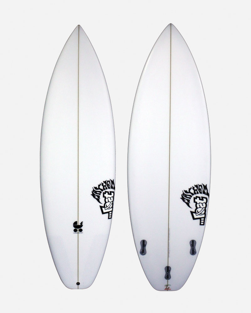 Two white surfboards with black logos and fins.