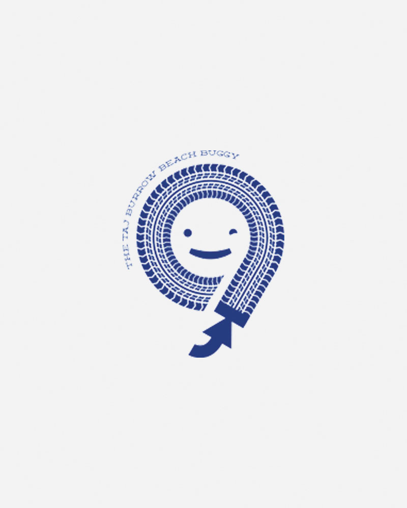Blue logo featuring a smiling face made of tire tracks.