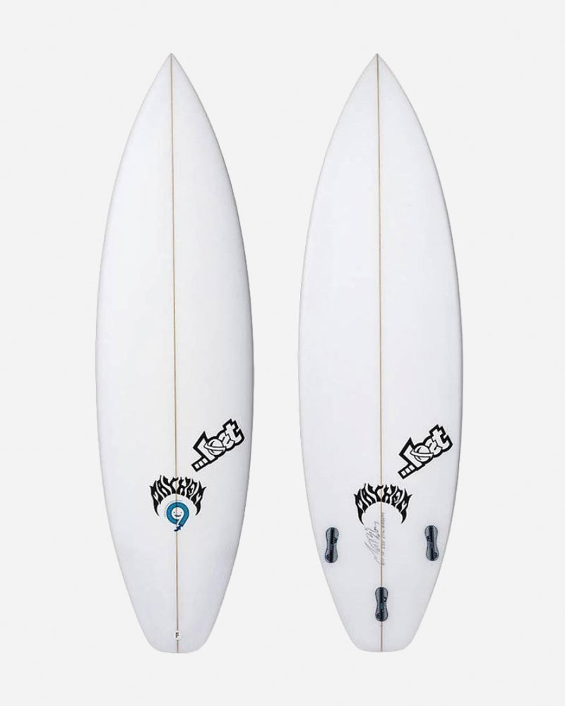 Two white surfboards with black and blue logos.
