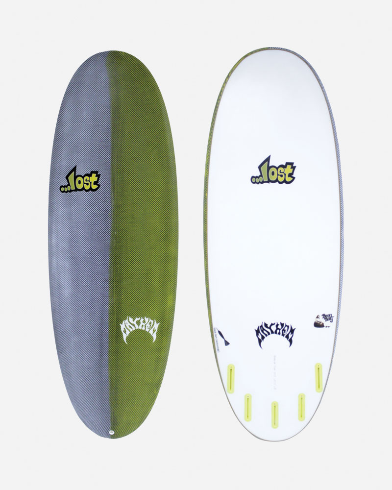 Two surfboards side by side, one green and gray, one white.