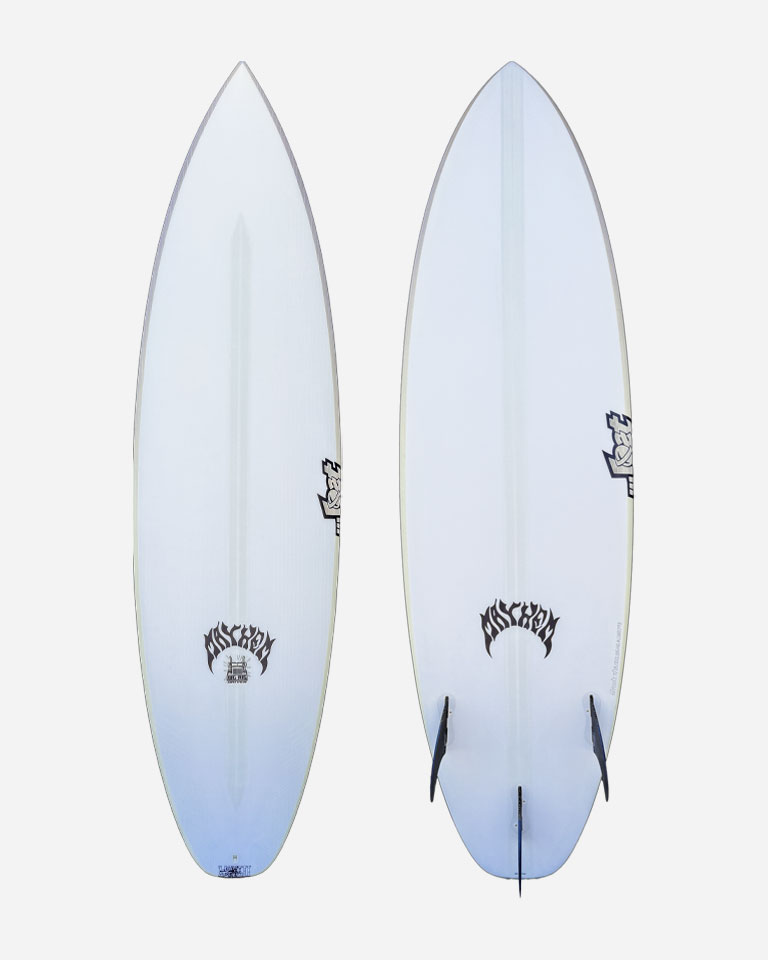 Two surfboards displayed side by side, featuring a white design.