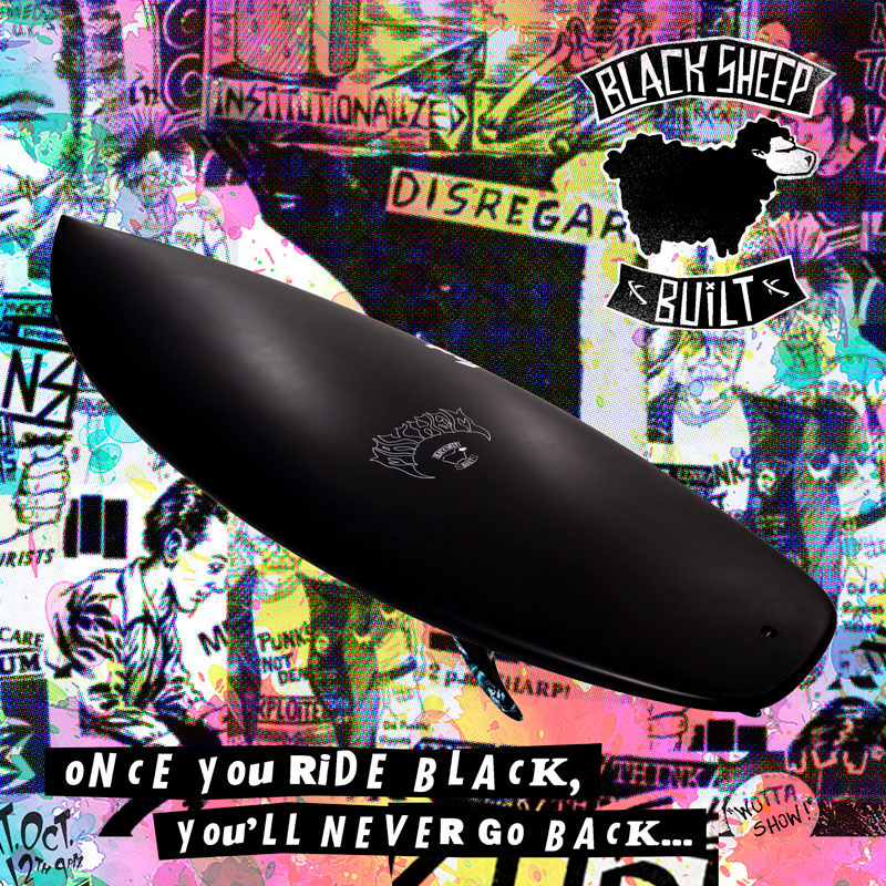 Black surfboard on a colorful, graffiti-style background.