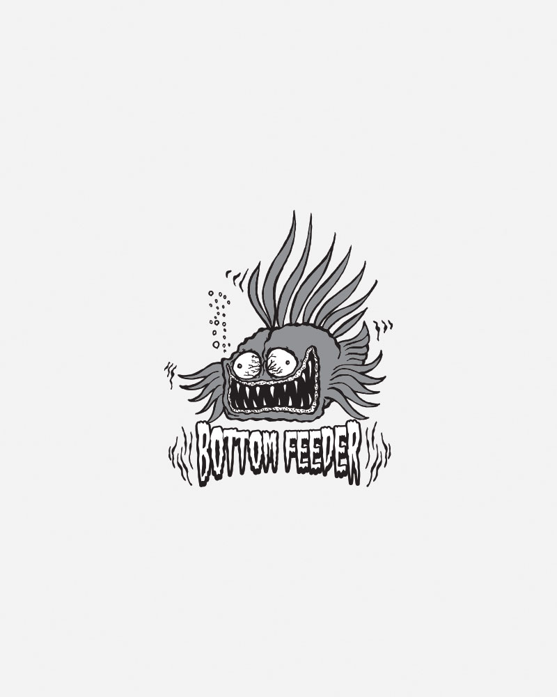 Cartoonish fish with exaggerated features and "Bottom Feeder" text.