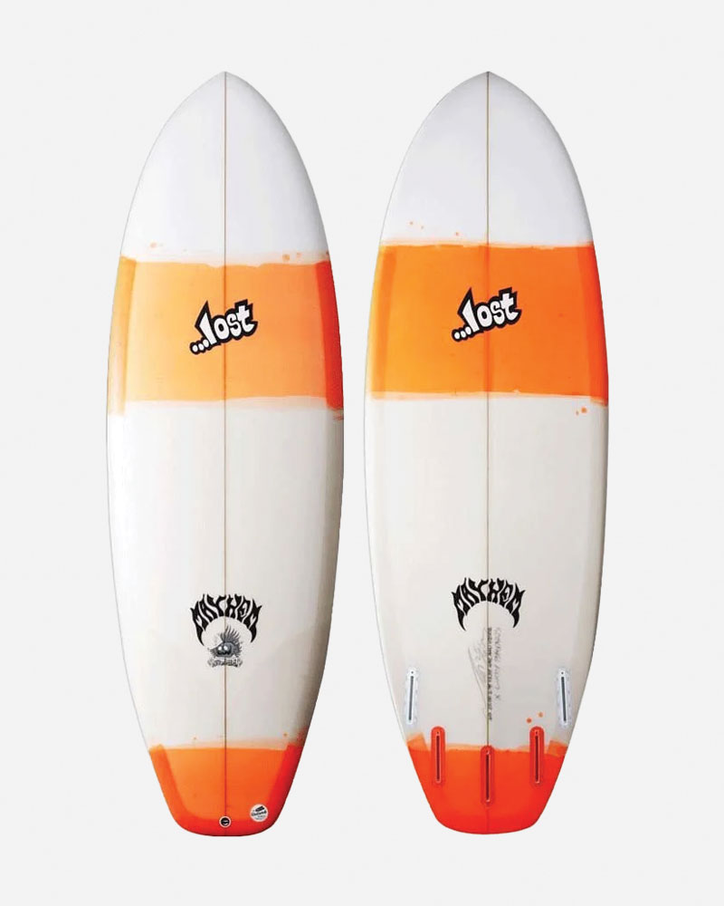 Surfboard with orange and white design, featuring logos.