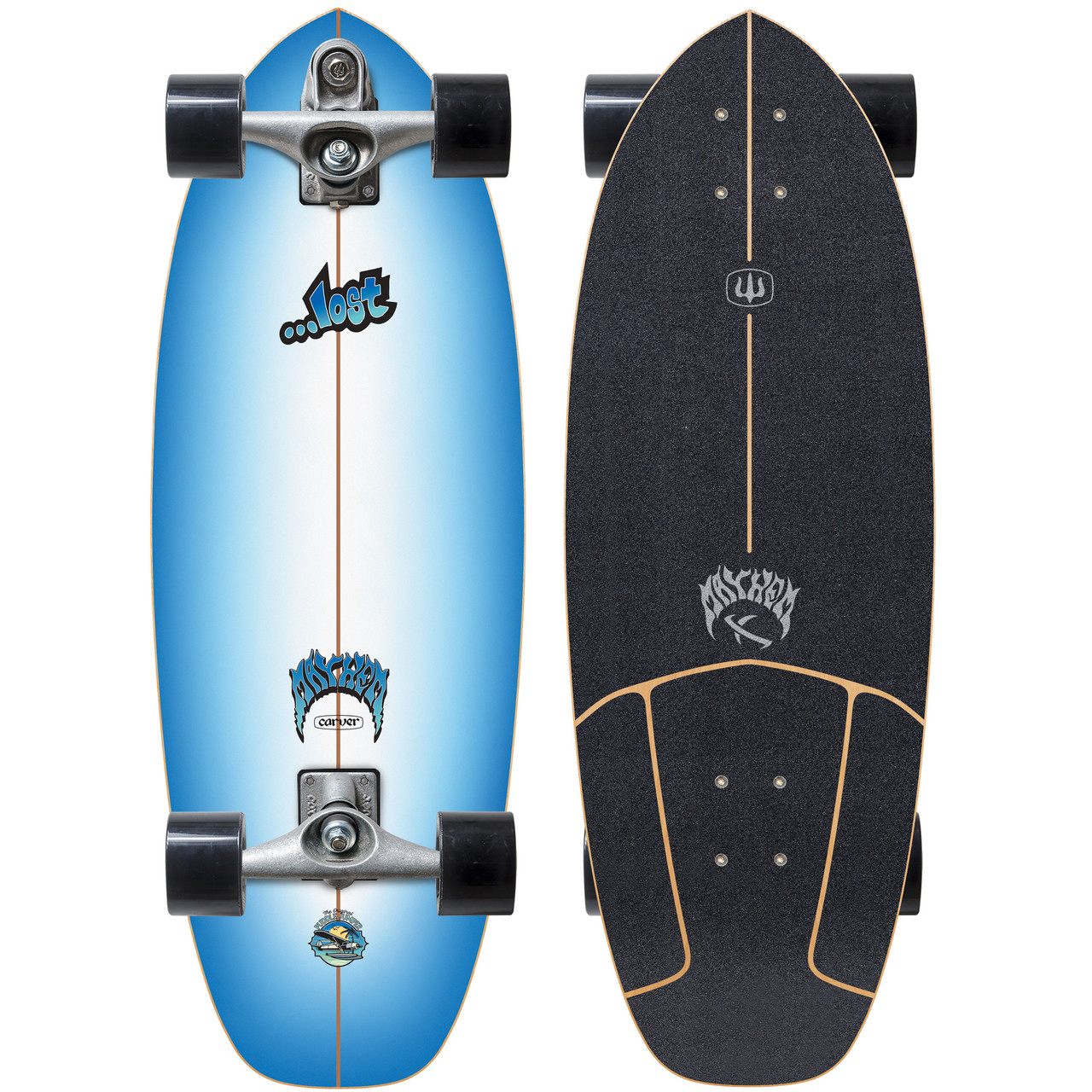 Skateboard with blue gradient design and black grip tape.