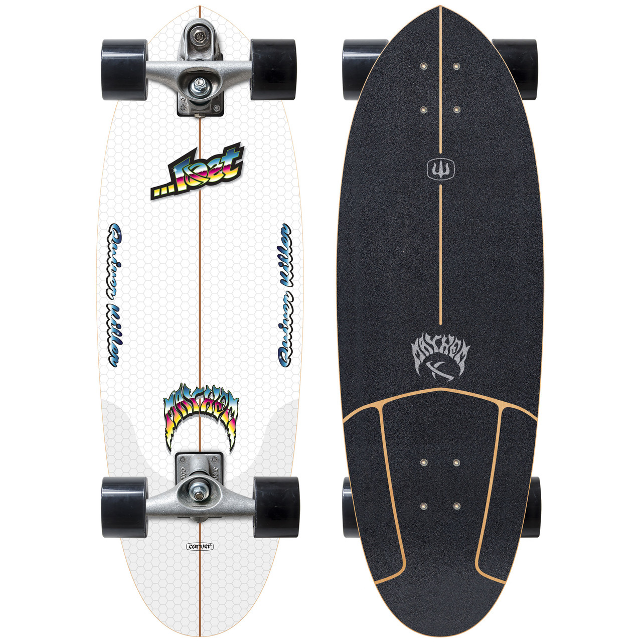 Skateboard with a colorful design and black grip tape.