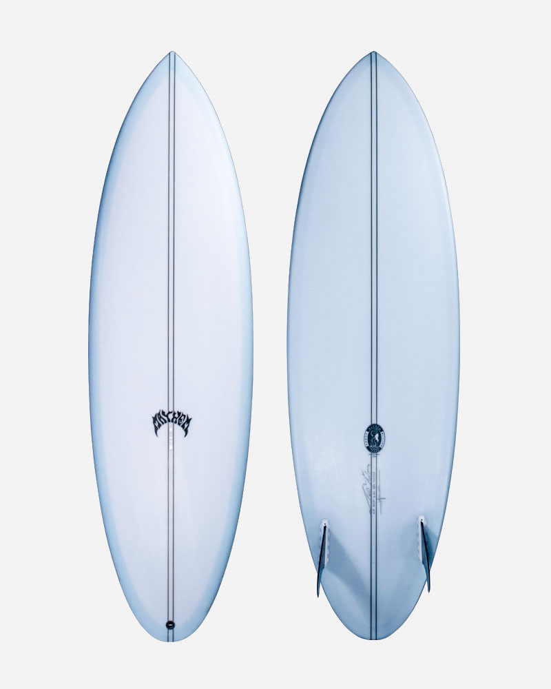 Two surfboards are displayed side by side. One board features a logo at the top, while the other has a different logo at the bottom. Both boards are predominantly white with black stripes running down the center.