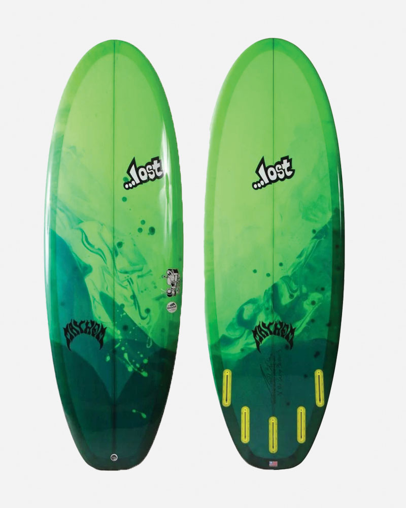 Green surfboard with a wave design and logos.