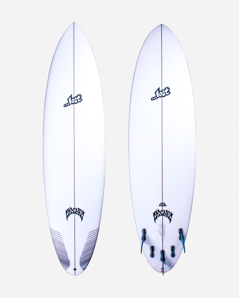 A white surfboard displayed from the top and bottom views. The top features the logo "...lost" and the bottom has a design with the word "Mischief." The board has three fin boxes for customization.