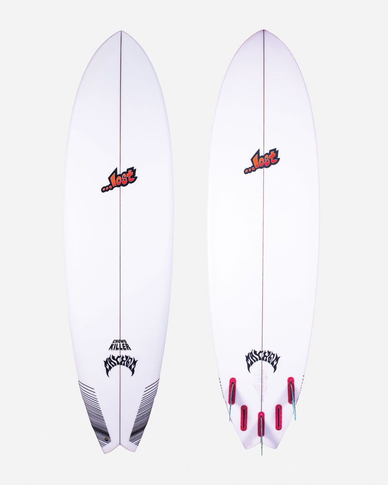 Two surfboards with a white design and colorful logos.