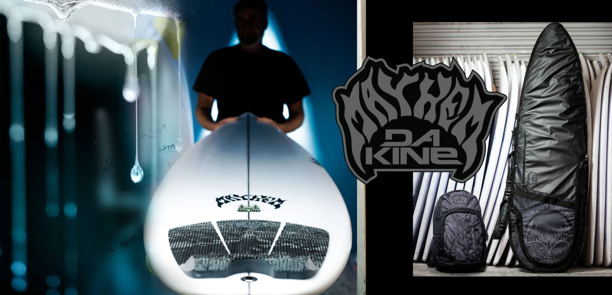 Surfboard with "Mayhem" logo, backpack, and board bag displayed.