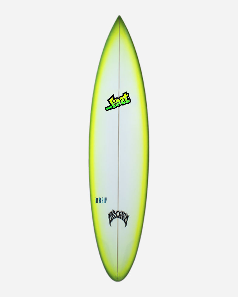 Surfboard with a yellow-green gradient and logos.