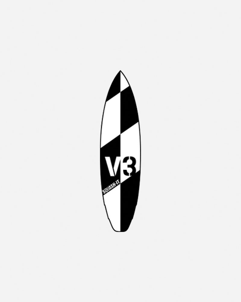 Black and white surfboard with "V3" logo design.