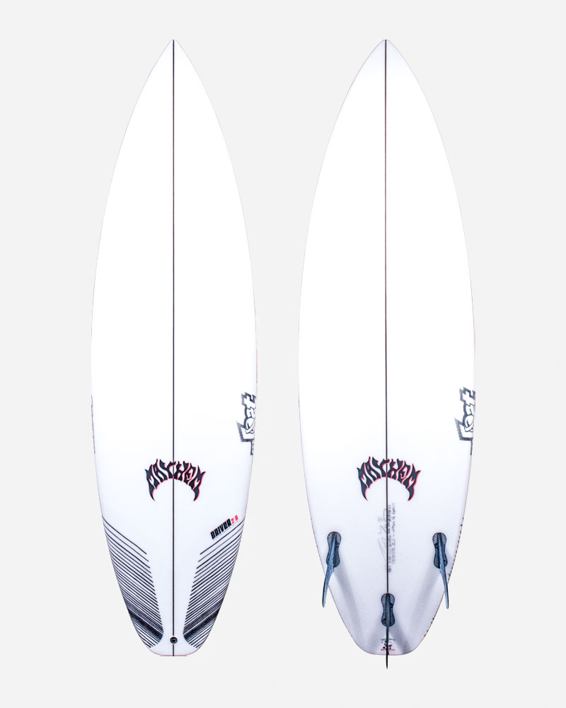 Surfboard design featuring a white base and black graphics.