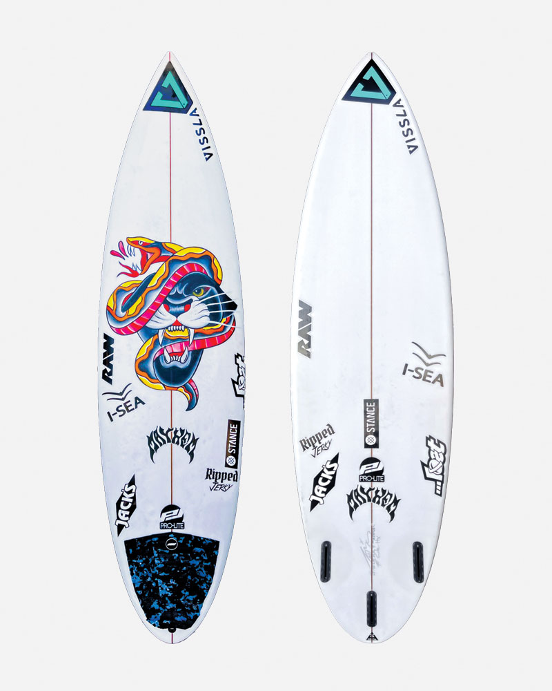 Surfboard featuring colorful artwork and various brand logos.