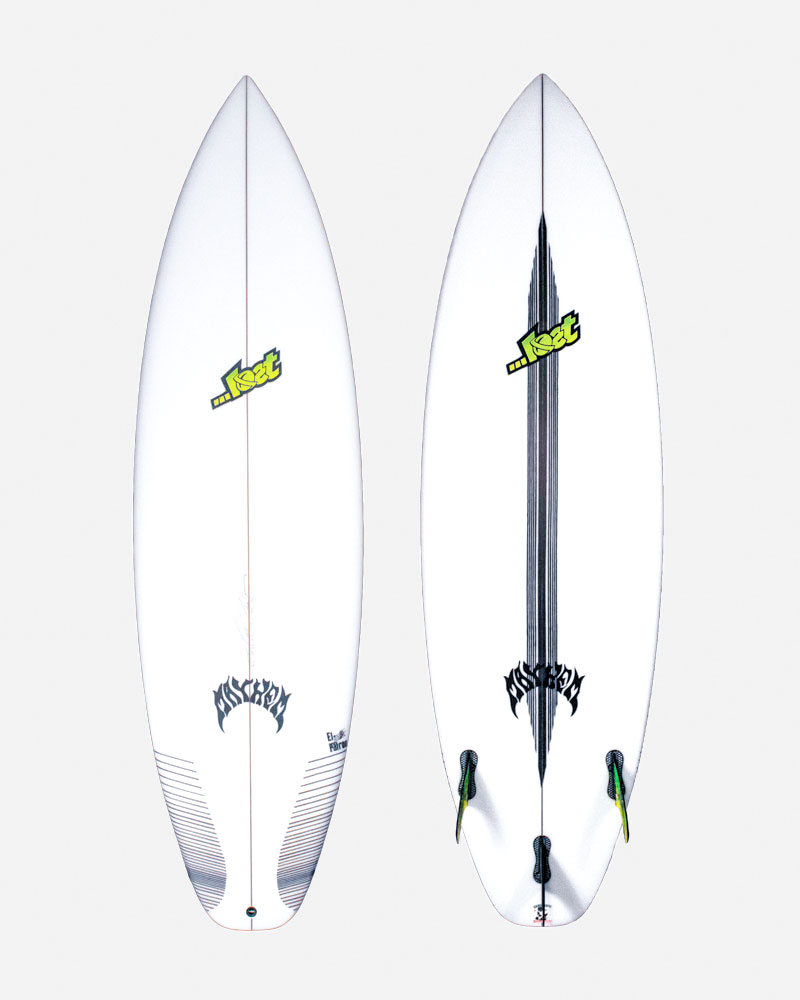 Two surfboards with distinct designs and logos.