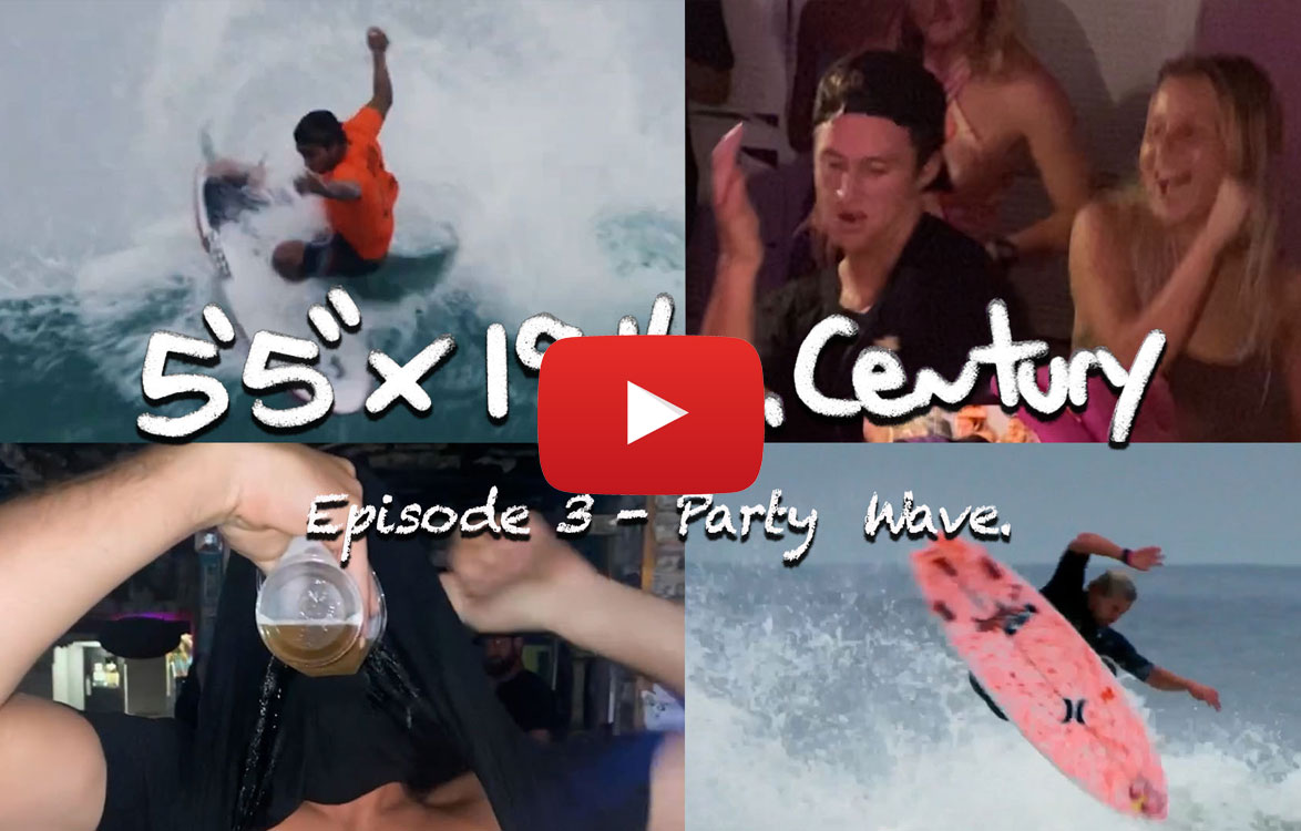 Collage of surfing and party scenes with text overlay.