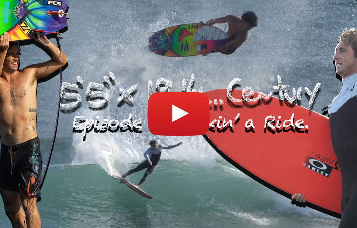 Surfers riding waves with text overlay about a video episode.