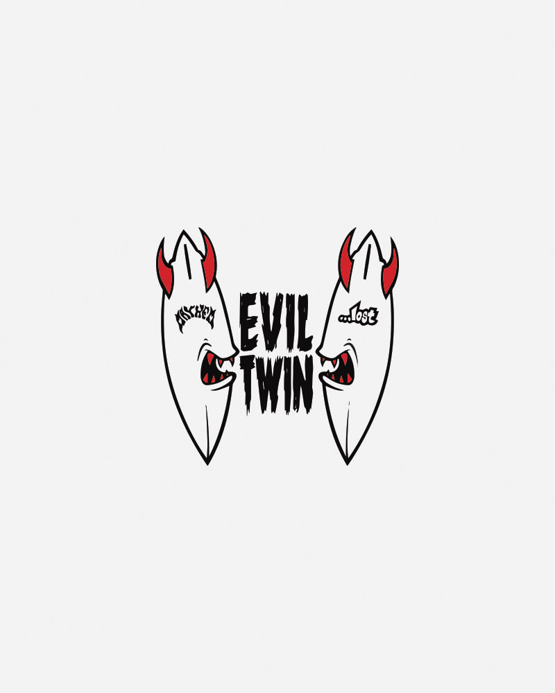 Logo featuring two cartoonish faces with horns and the text "EVIL TWIN.