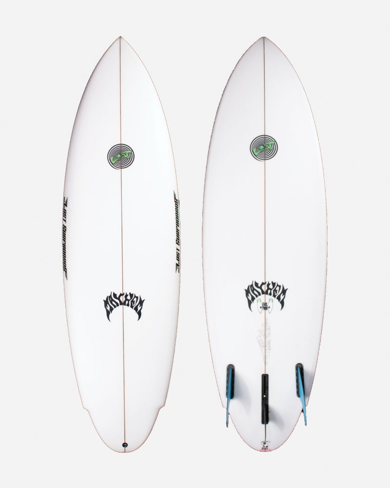 Two surfboards displayed side by side, featuring unique designs.