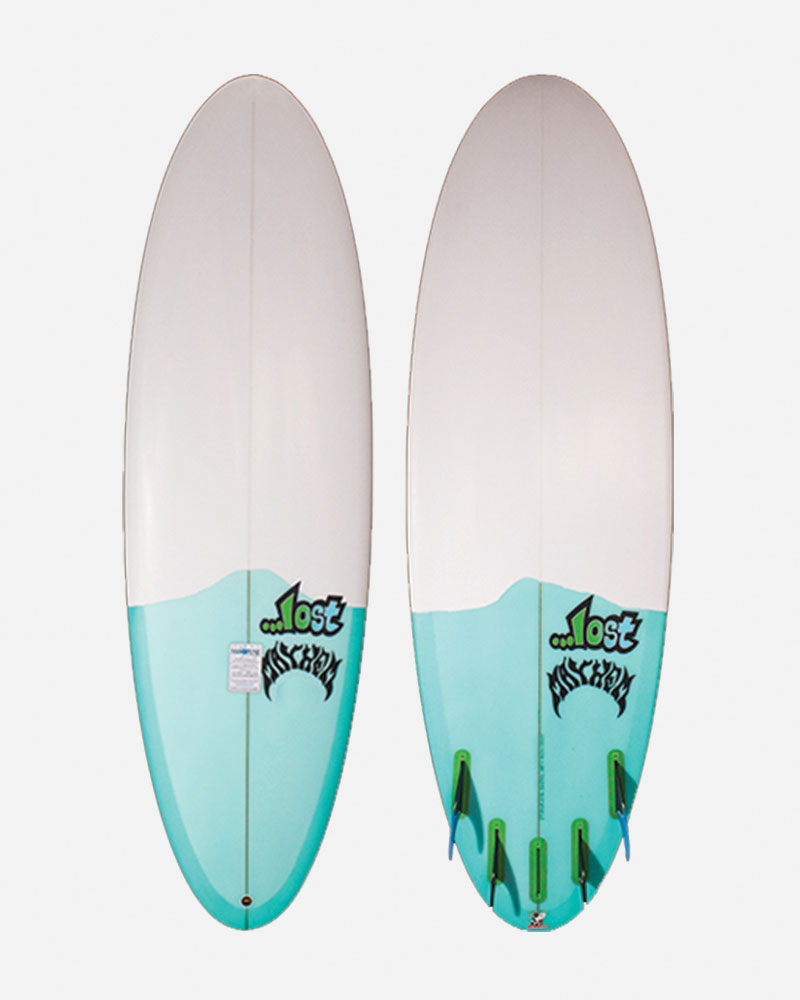 Surfboard with a white top and turquoise bottom design.