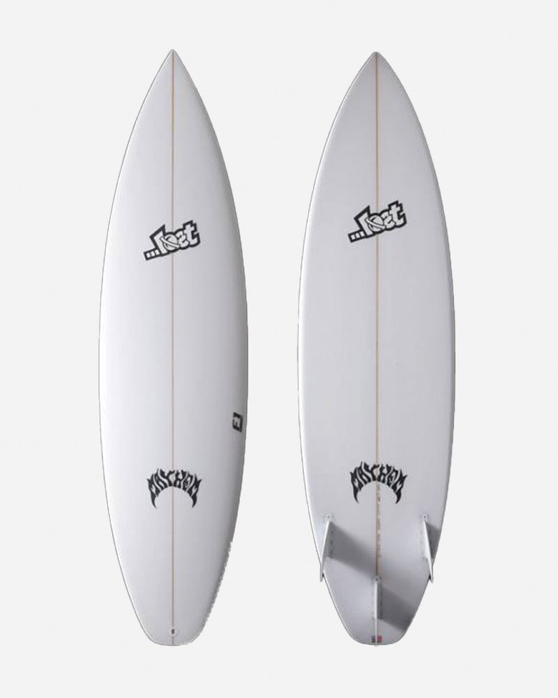 Two surfboards with white designs and logos.