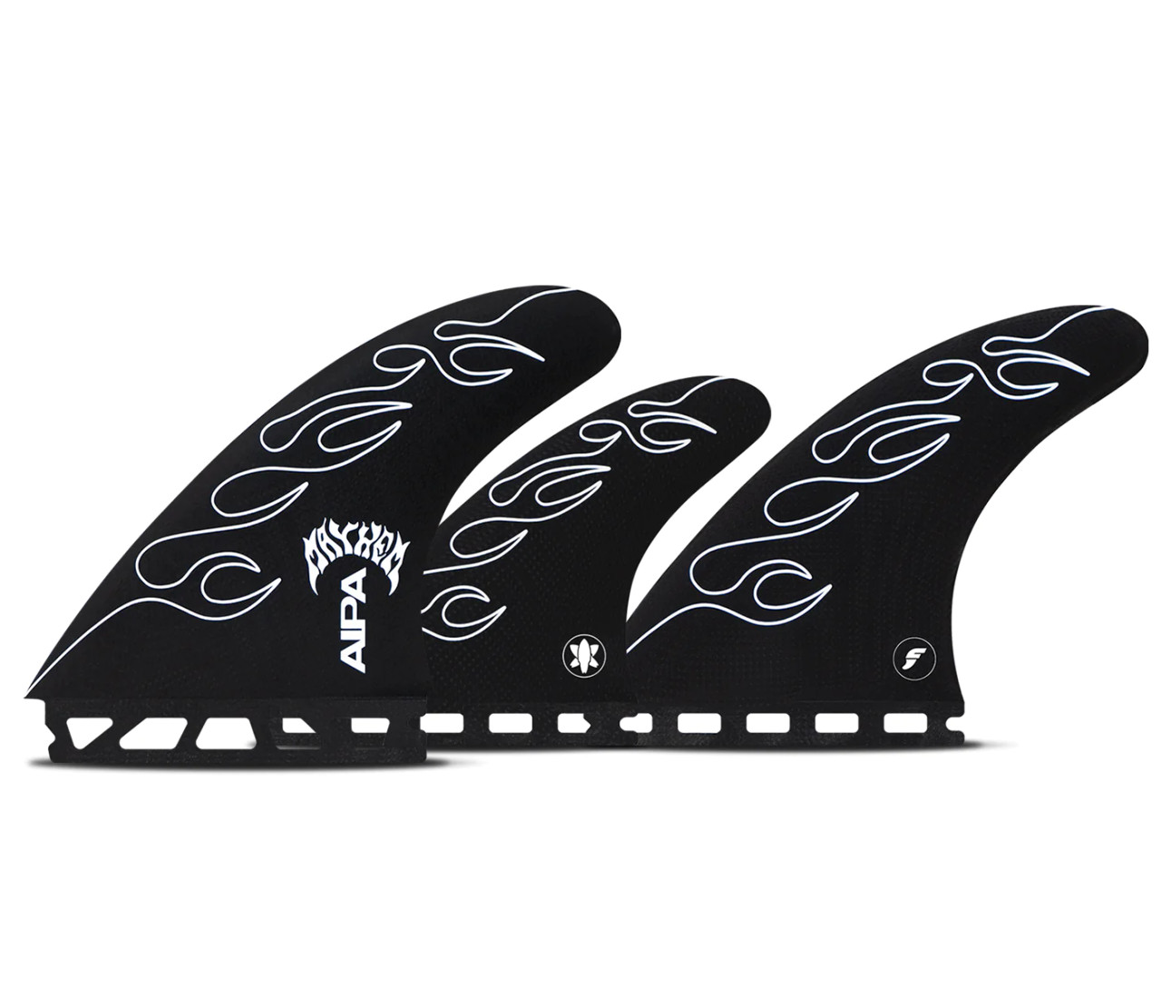 Three black surfboard fins with white flame designs.