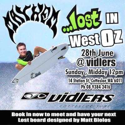 Surfer performing a trick with promotional text for an event.