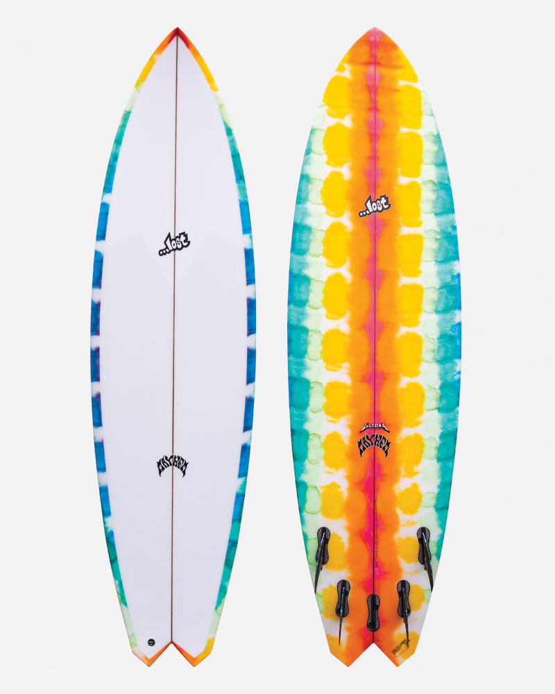 Two colorful surfboards displayed side by side.