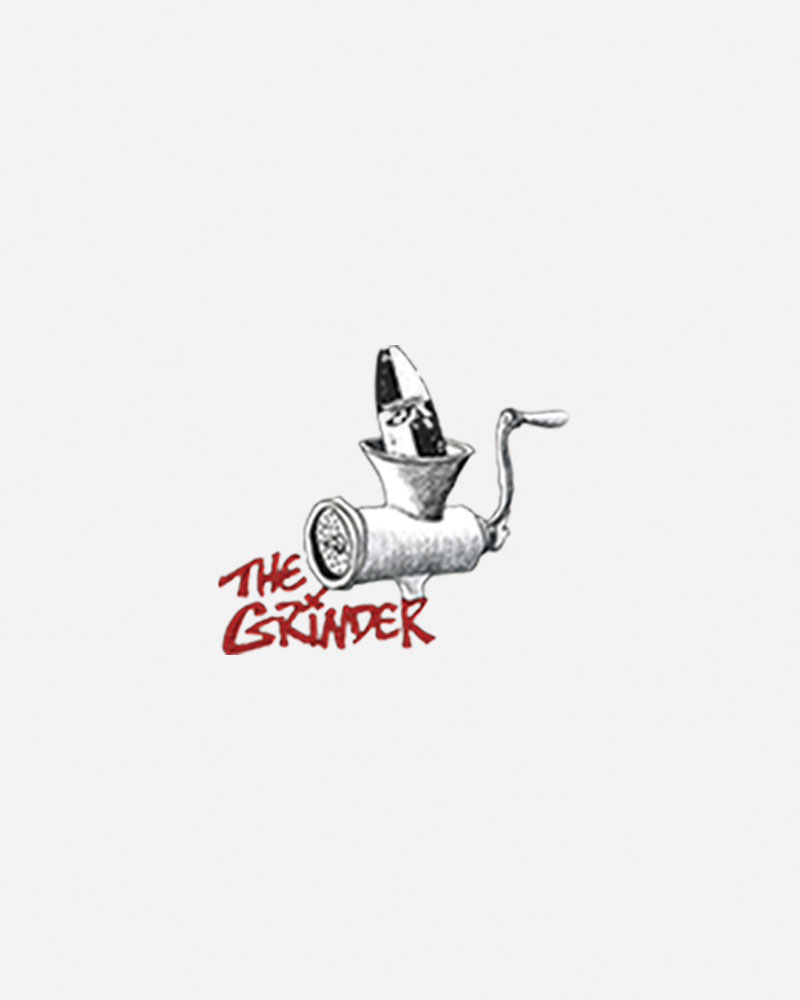 Logo featuring a meat grinder with "The Grinder" text.
