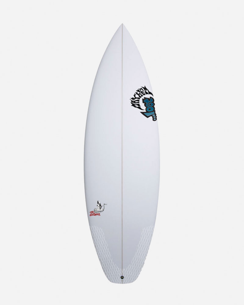 White surfboard with "Lost" logo and tail design.