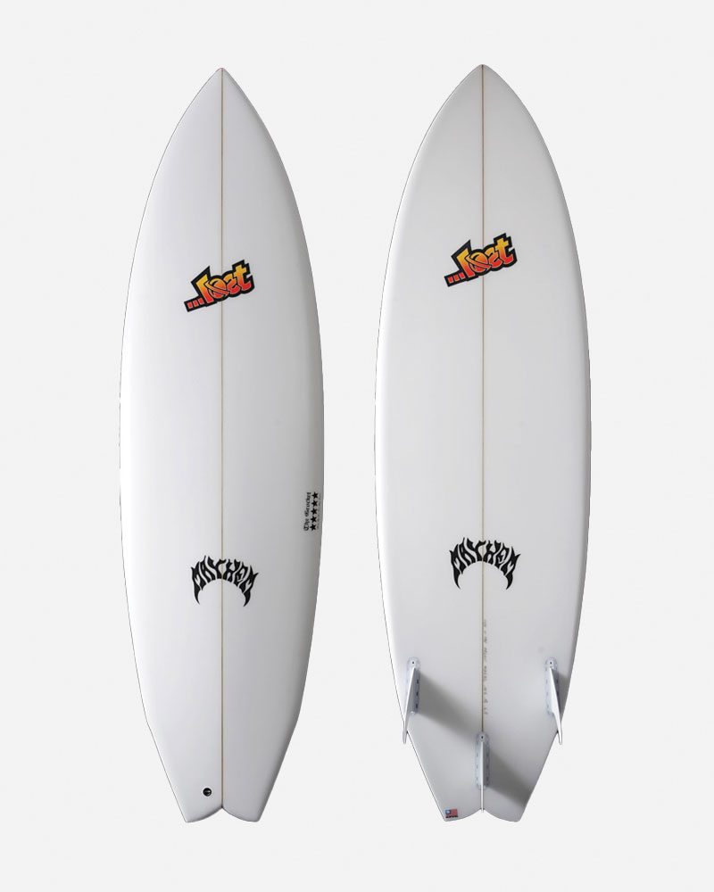 Two surfboards displayed side by side, featuring logos and fins.