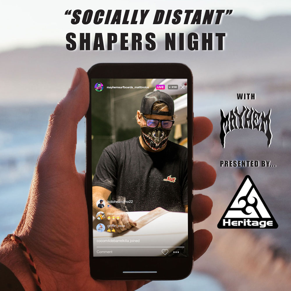 Person wearing a mask working on a surfboard in a livestream.